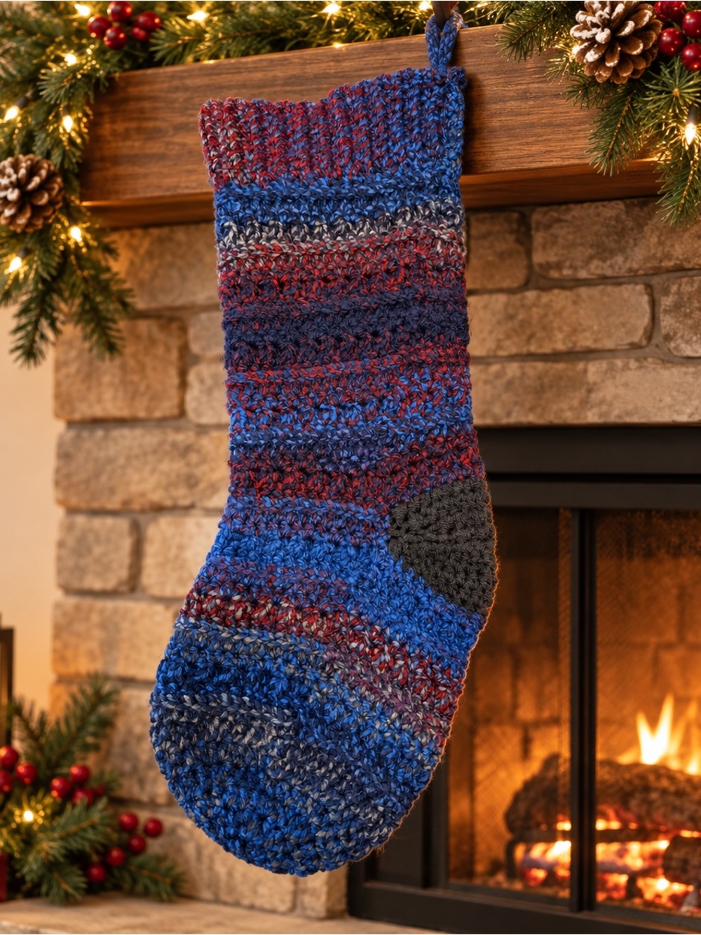 Handmade Crochet Christmas Stocking Blue Red Gray Holiday Decor